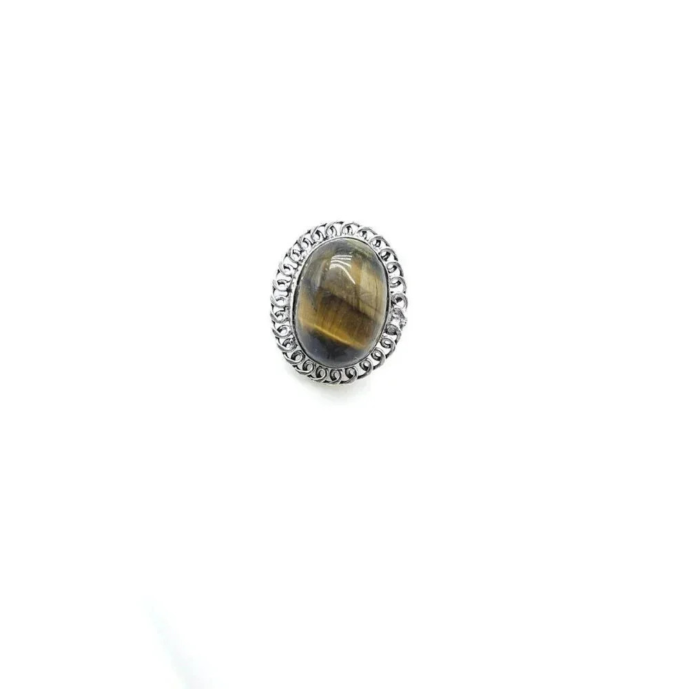 Silver Plated Oval Cut Tiger Eye Gemstone Filigree Bezel Ring Vintage Size 8